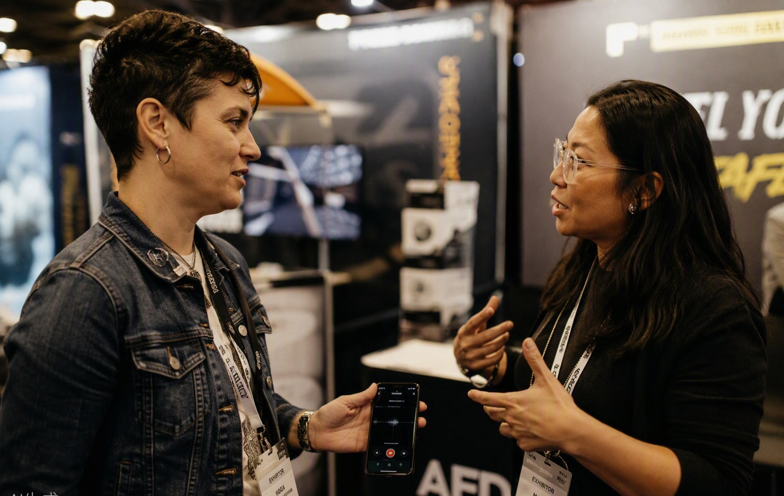 Two people in conversation at a trade-show booth