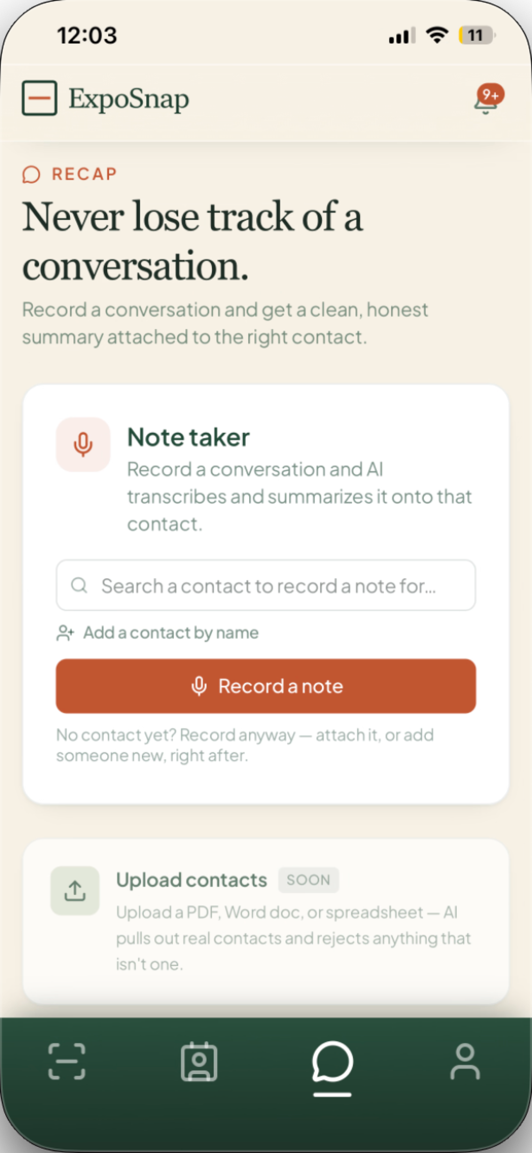 ExpoSnap AI Note Taker: notes stacked on a contact with timestamps