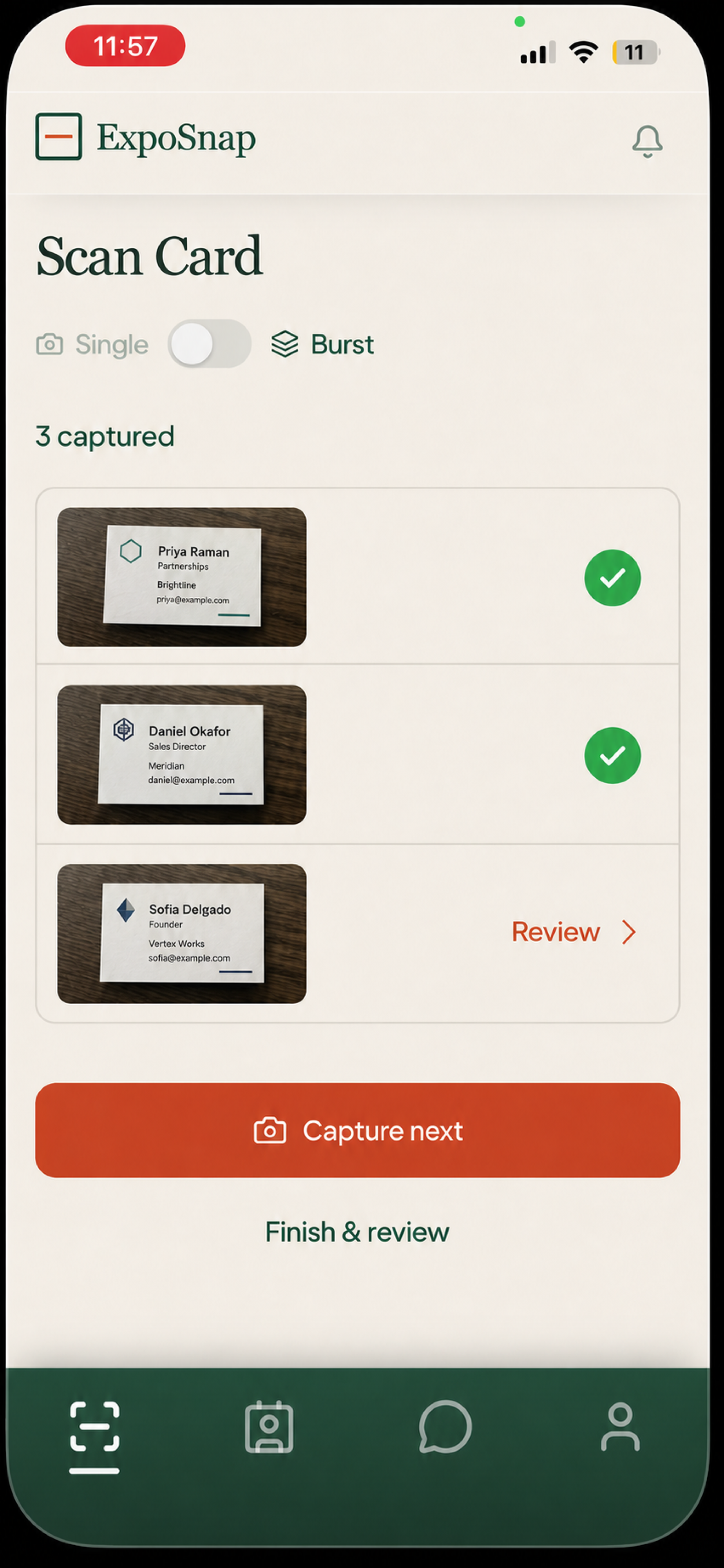 ExpoSnap Burst Mode queue with three captured business cards ready to review