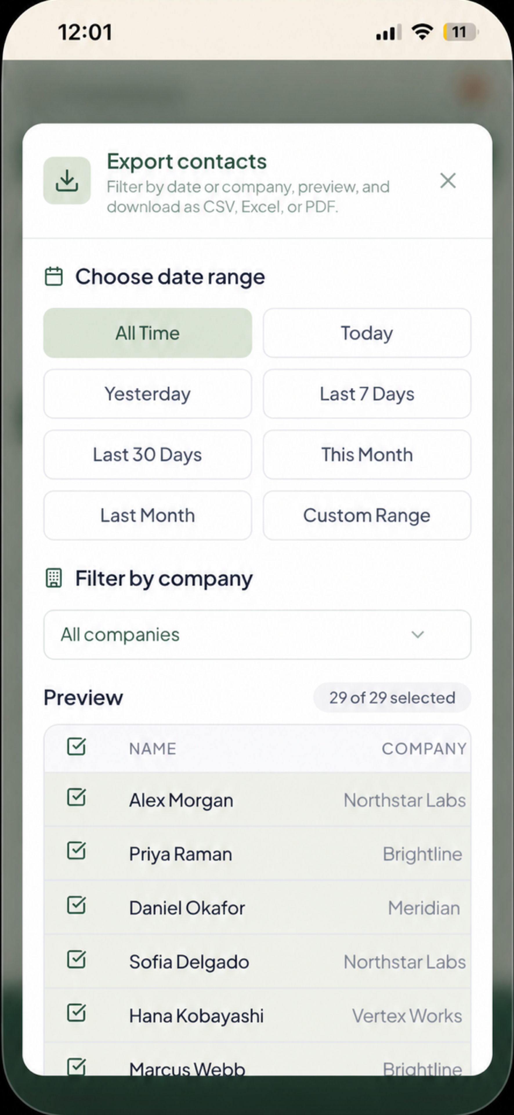 Business card scanner to Excel export with CRM-ready columns and filters