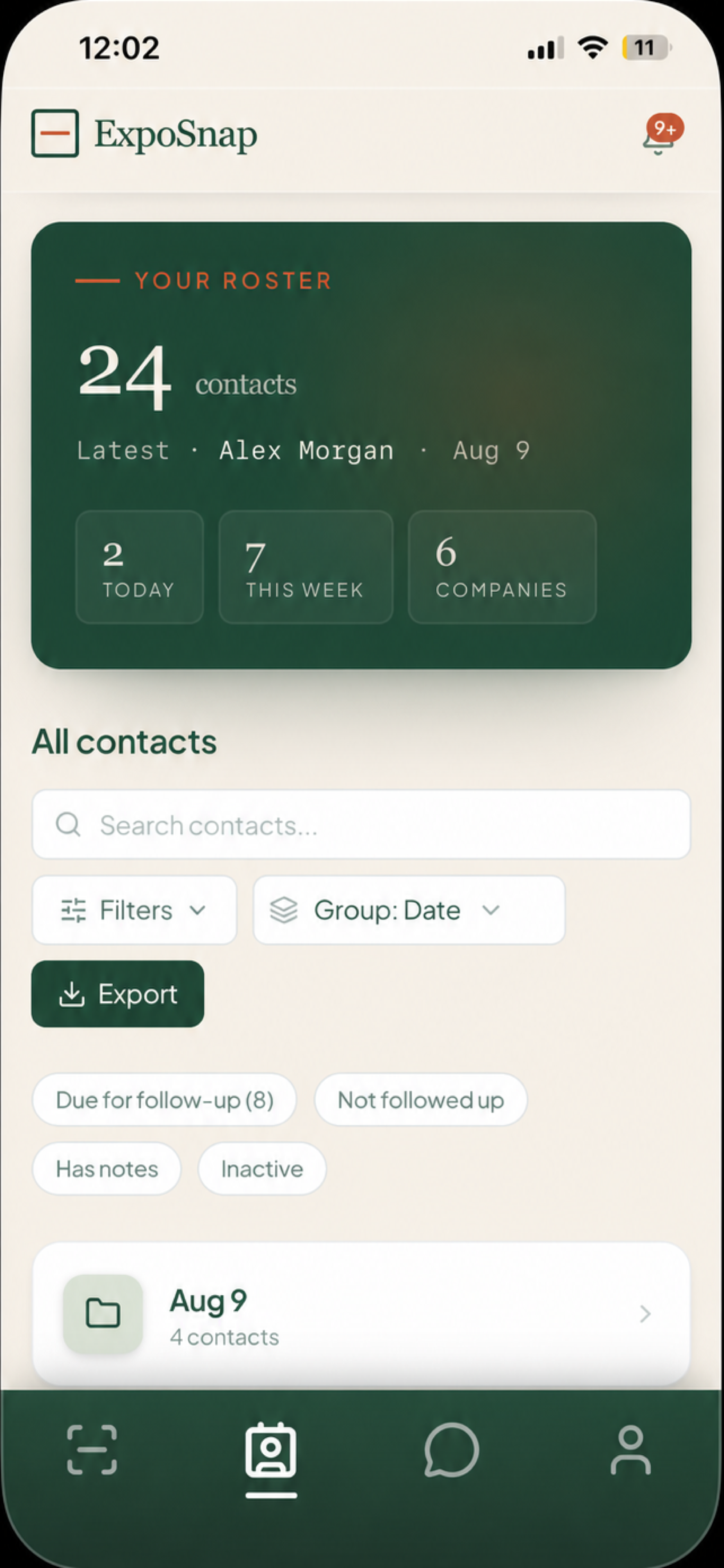 ExpoSnap My Cards screen: folders organized by date and company