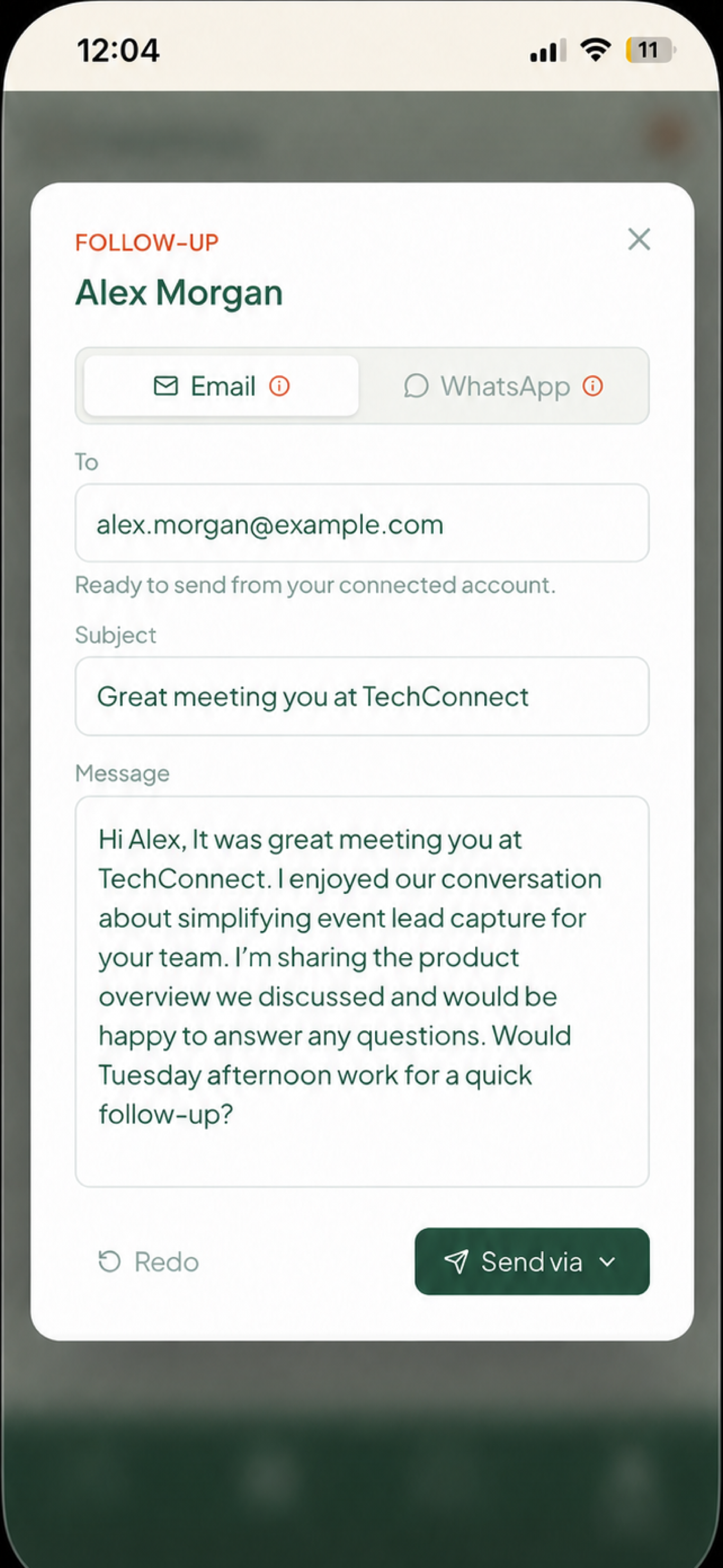 ExpoSnap AI follow-up email with a complete subject and message