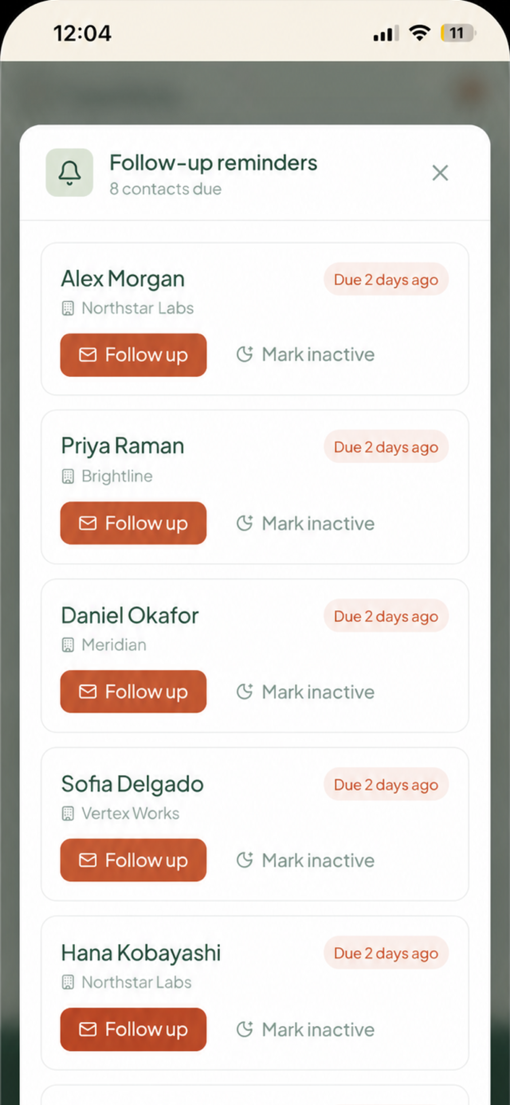 ExpoSnap follow-up reminder list with fictional contacts