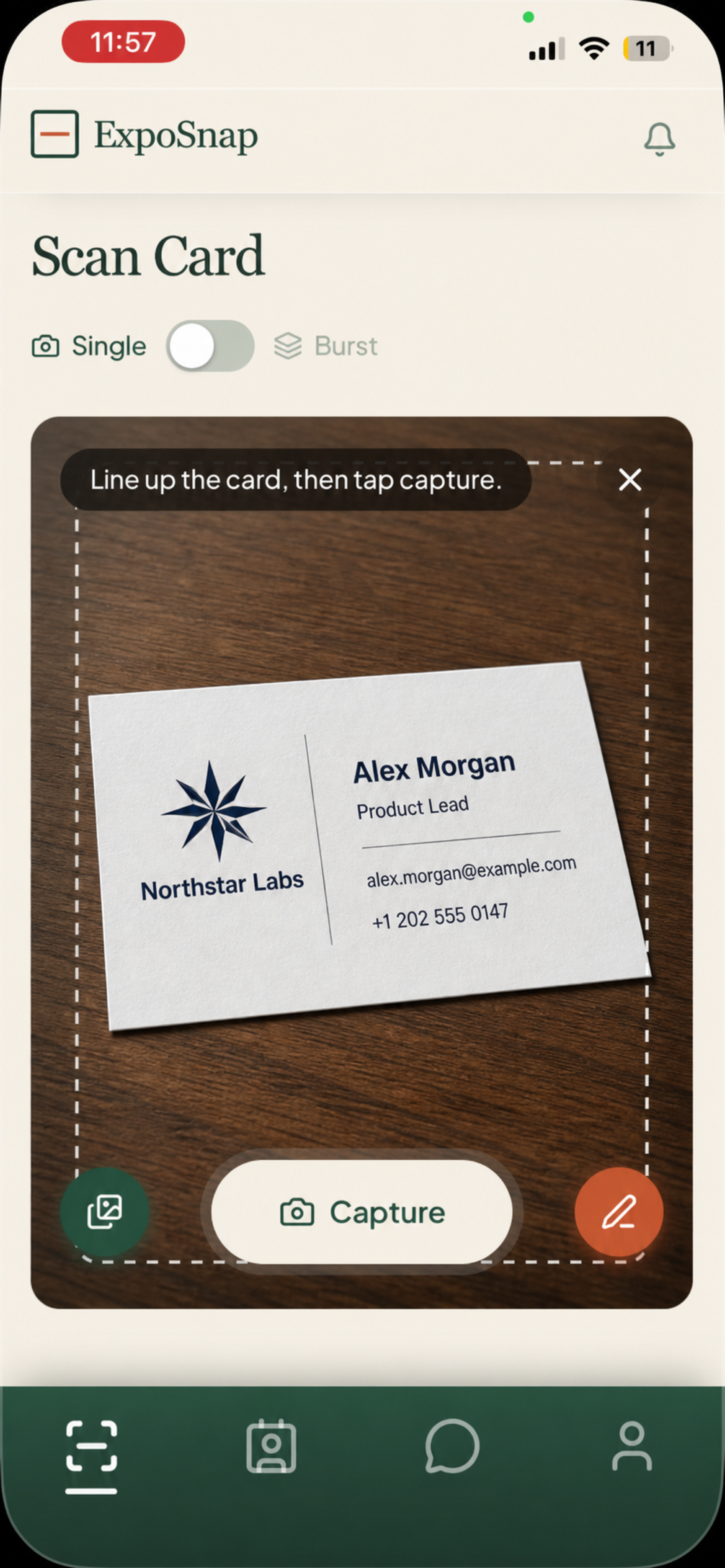 ExpoSnap AI business card scanner reading a card with the phone camera