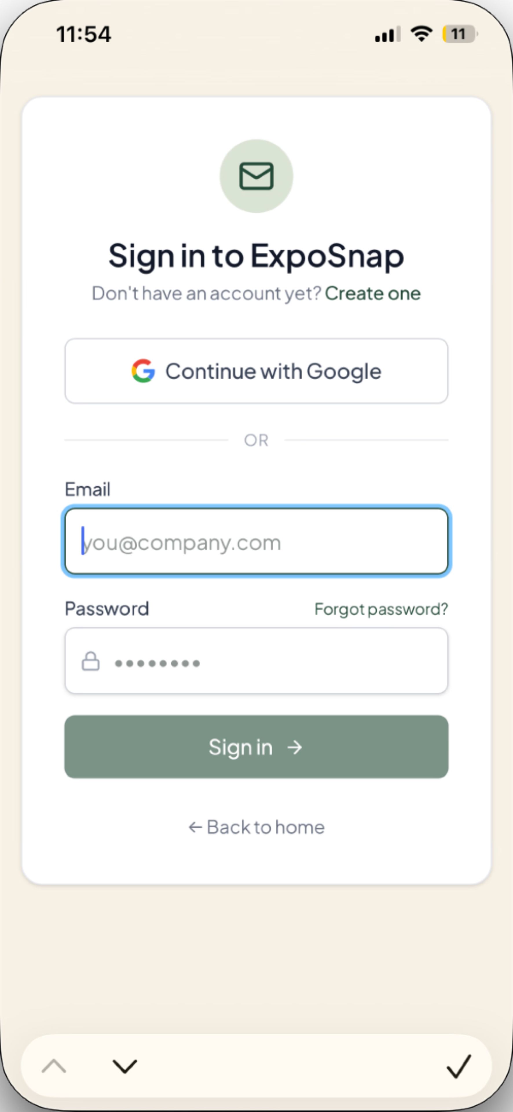 ExpoSnap sign-in screen on an iPhone